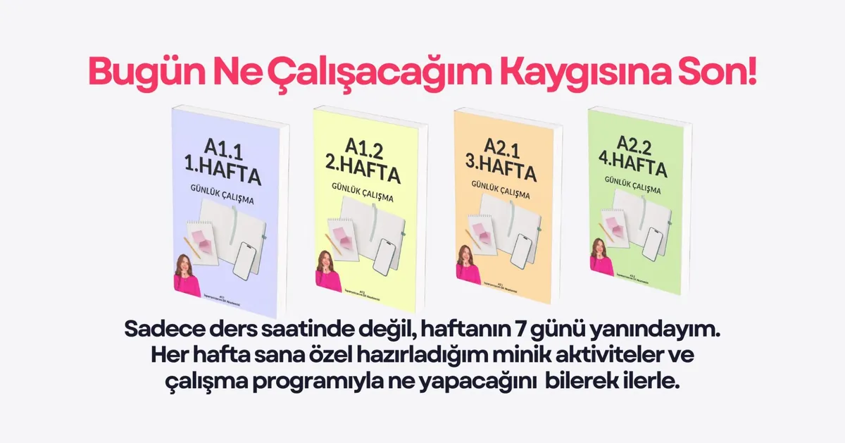A1.1, A1.2, A2.1 ve A2.2 seviyeleri için haftalık çalışma programı kitapçıklarını gösteren görsel