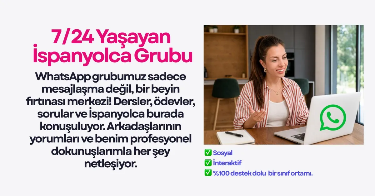 İspanyolca WhatsApp grubunda ders, ödev ve sorular için sürekli destek sistemini anlatan görsel